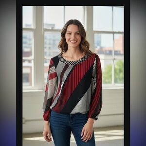 Alfani Red and Black Striped Blouse